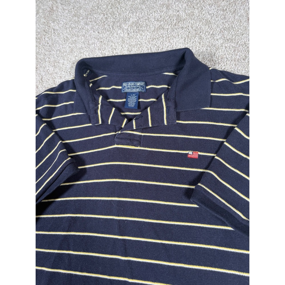 Polo Jeans Co Ralph Lauren Large Navy Striped Short Sleeve Polo Shirt Flag VTG